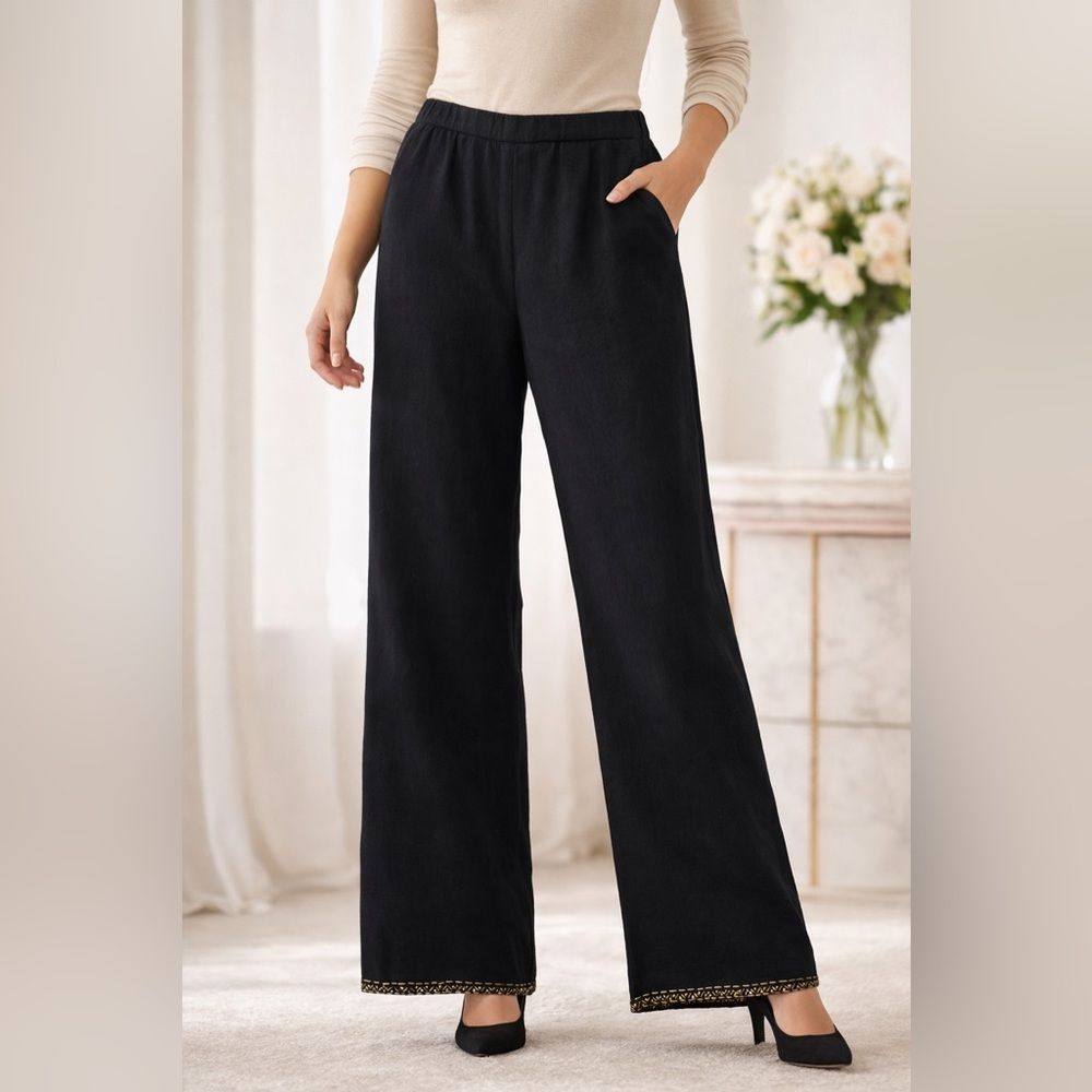 Vintage Cafe Jane Knits Embellished Hem Linen Wide Leg Pants Nwt